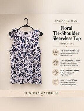 Banana Republic Floral Tie Shoulder Sleeveless Top White Blue Pink Size L